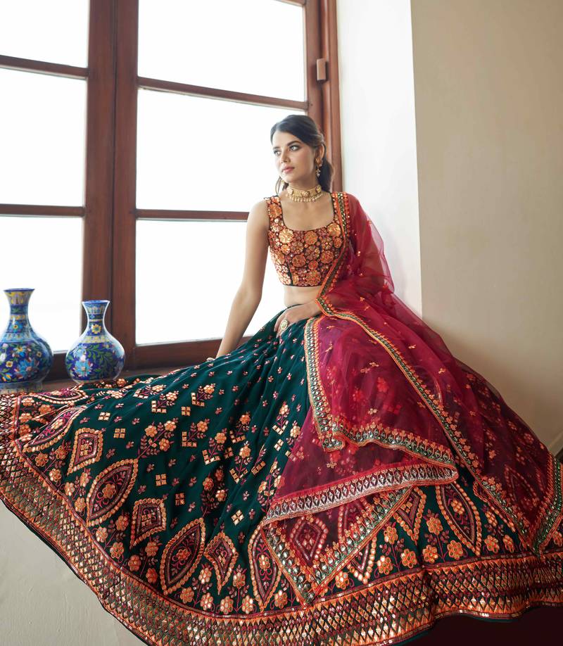 Green & Deep Pink Gotta Patti With Thread And Sequins Embroidered Georgette Semi Stitched Lehenga