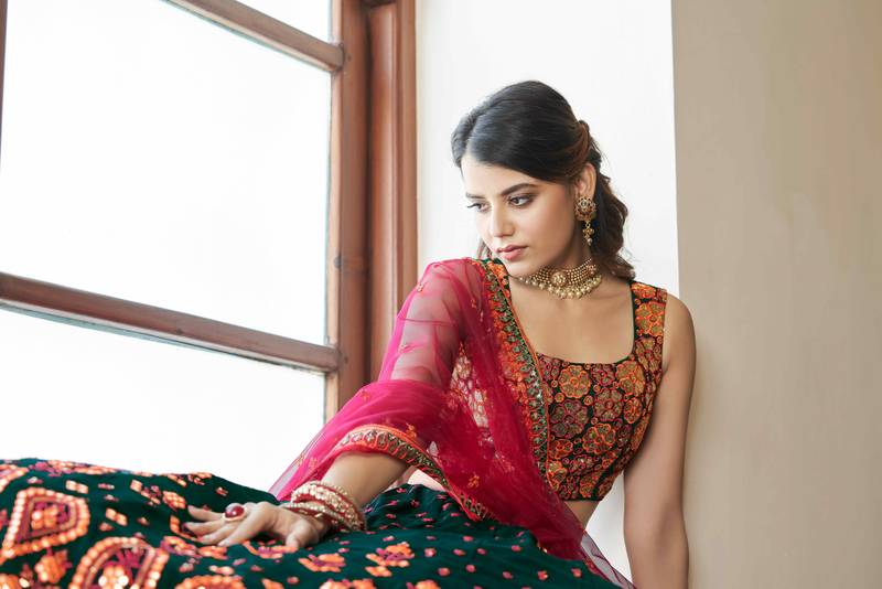 Green & Deep Pink Gotta Patti With Thread And Sequins Embroidered Georgette Semi Stitched Lehenga