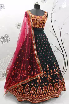 Green & Deep Pink Gotta Patti With Thread And Sequins Embroidered Georgette Semi Stitched Lehenga