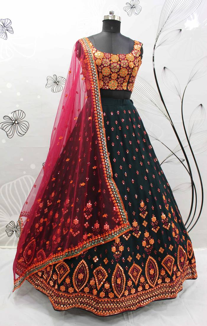 Green & Deep Pink Gotta Patti With Thread And Sequins Embroidered Georgette Semi Stitched Lehenga