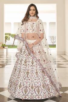 Glamorous White Thread And Sequins Embroidered Silk Party Wear Lehenga