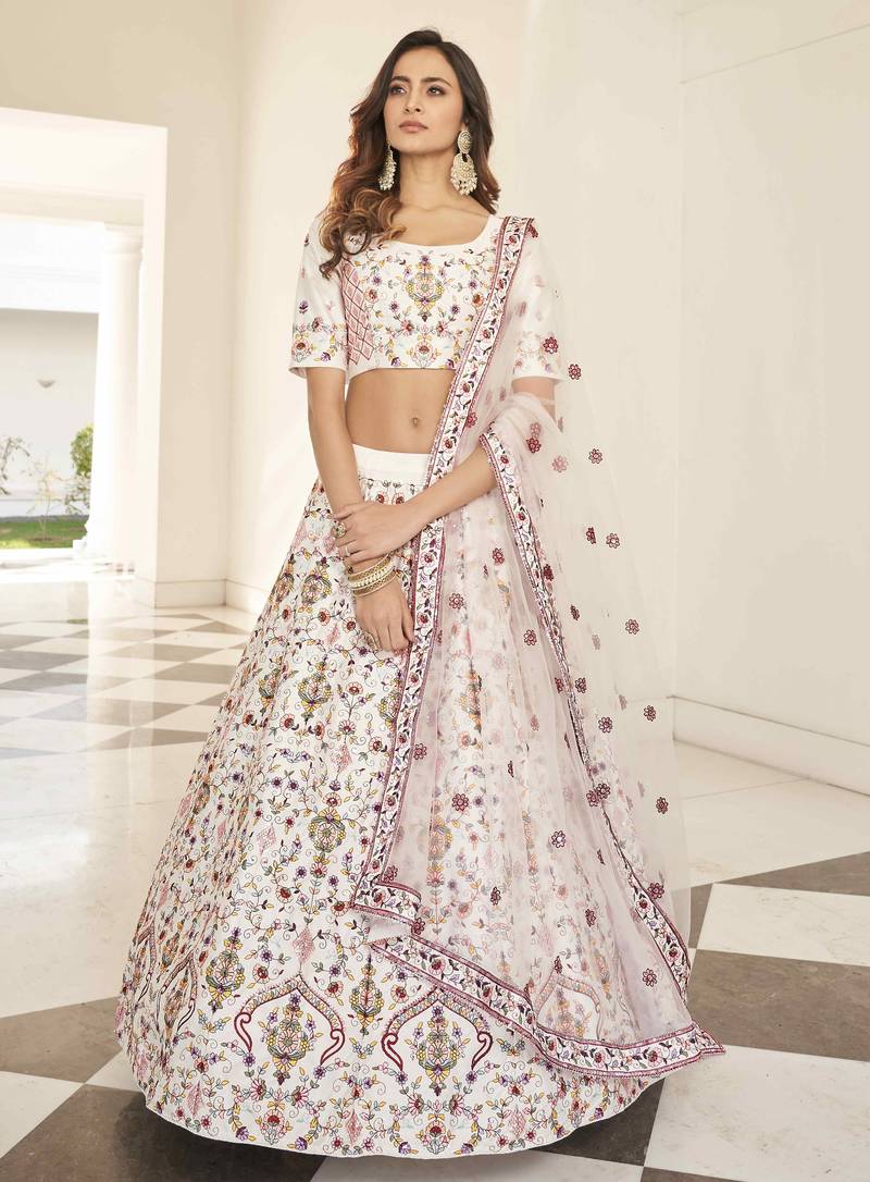 Glamorous White Thread And Sequins Embroidered Silk Party Wear Lehenga