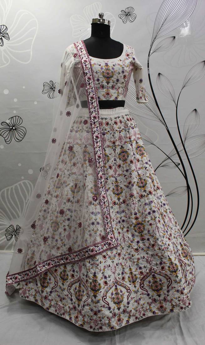 Glamorous White Thread And Sequins Embroidered Silk Party Wear Lehenga