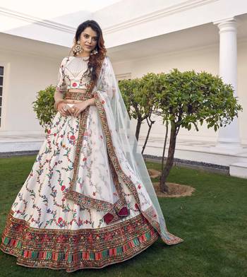 White Thread With Sequins Embroidered Silk Semi Stitched Wedding Lehenga 1