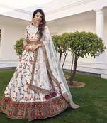 White Thread With Sequins Embroidered Silk Semi Stitched Wedding Lehenga