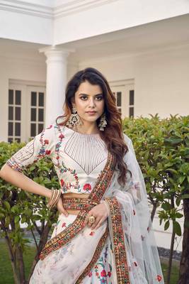 White Thread With Sequins Embroidered Silk Semi Stitched Wedding Lehenga 2