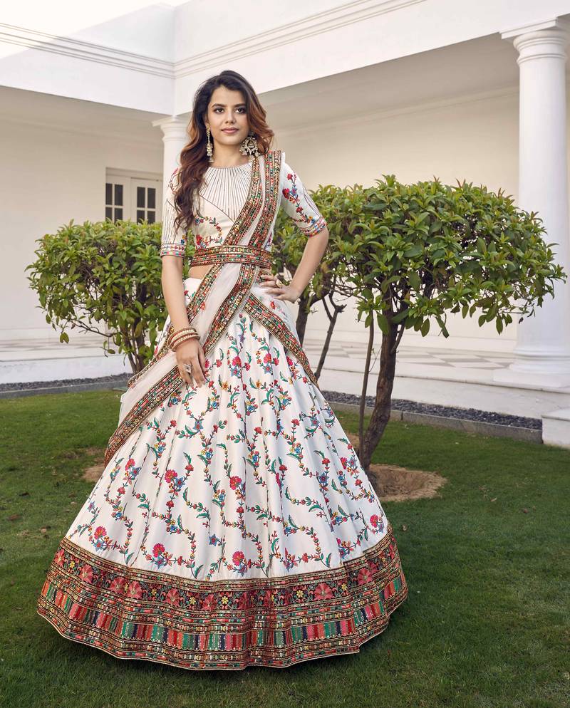 White Thread With Sequins Embroidered Silk Semi Stitched Wedding Lehenga