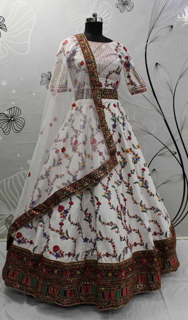 White Thread With Sequins Embroidered Silk Semi Stitched Wedding Lehenga