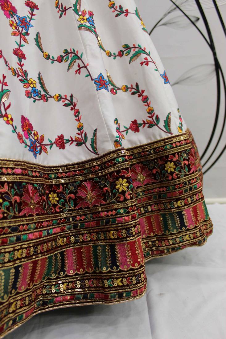 White Thread With Sequins Embroidered Silk Semi Stitched Wedding Lehenga