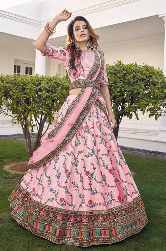 Baby Pink Thread With Sequins Embroidered Silk Semi Stitched Wedding Lehenga