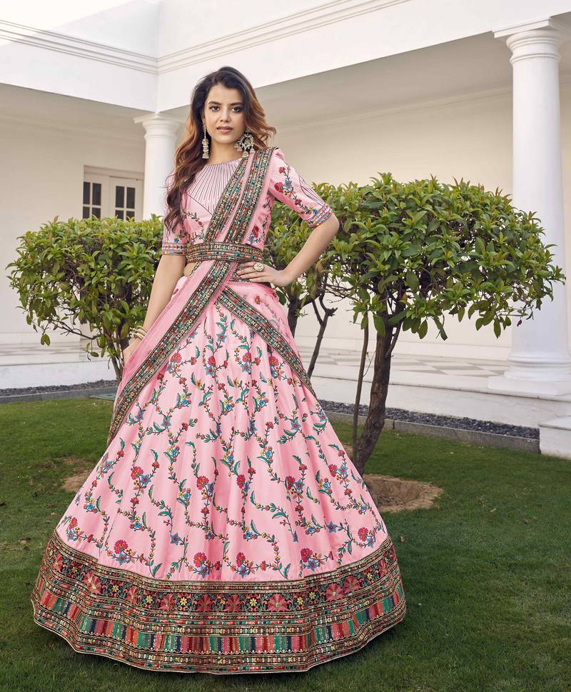 Baby Pink Thread With Sequins Embroidered Silk Semi Stitched Wedding Lehenga