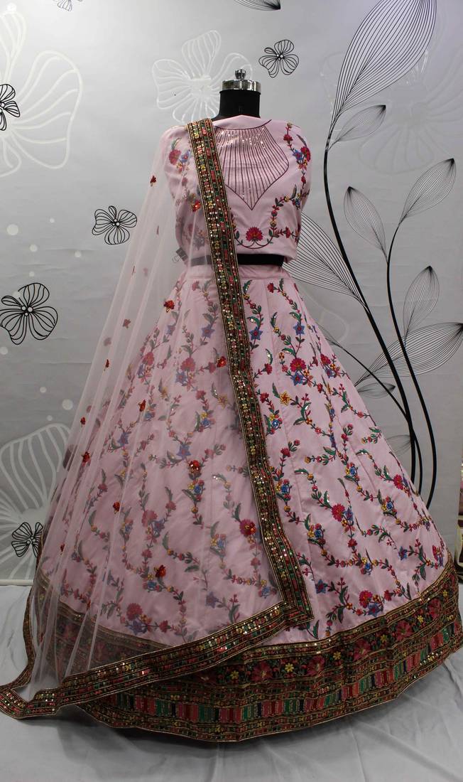 Baby Pink Thread With Sequins Embroidered Silk Semi Stitched Wedding Lehenga