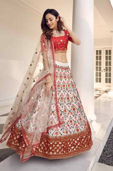White & Red Thread With Sequins Embroidered Art Silk Semi Stitched Party Wear Lehenga