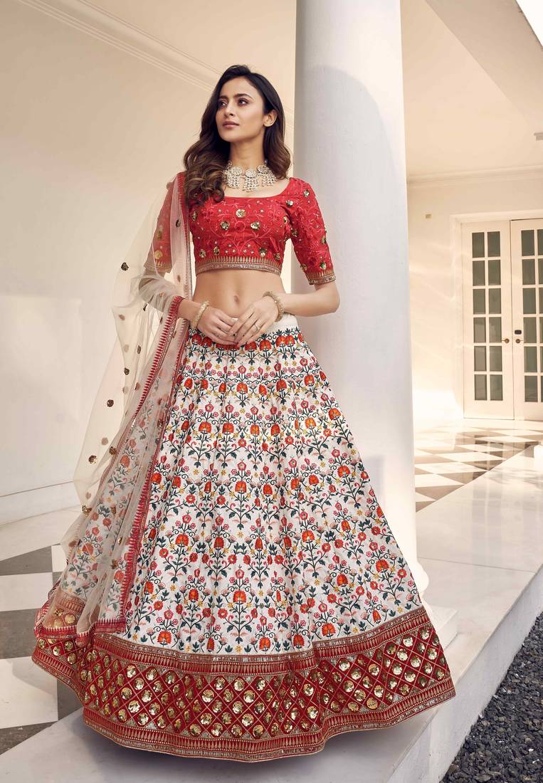 White Art Silk Embroidered Lehenga Choli with Embroidered Net Dupatta