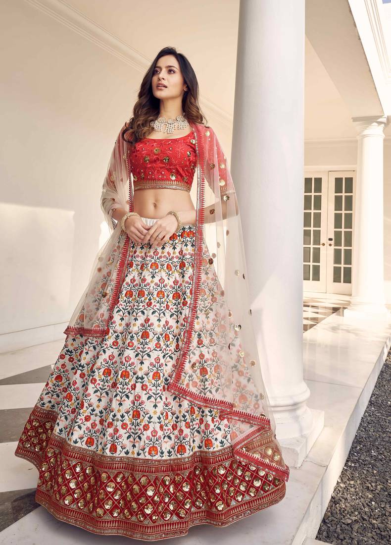 White Art Silk Embroidered Lehenga Choli with Embroidered Net Dupatta