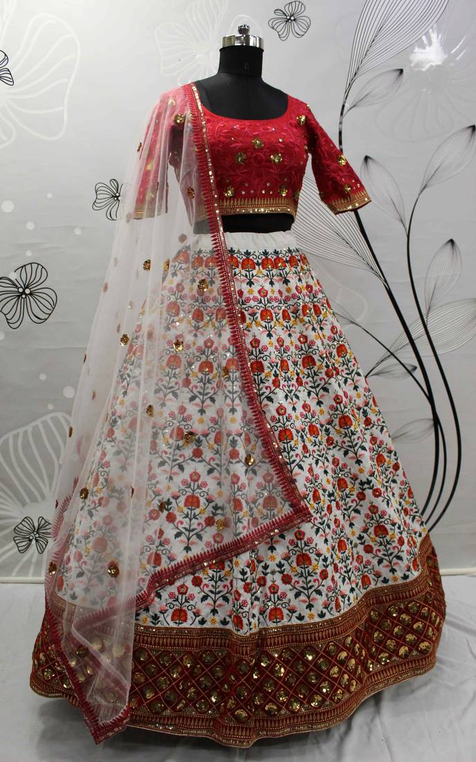 White Art Silk Embroidered Lehenga Choli with Embroidered Net Dupatta