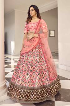 Pink Thread With Sequins Embroidered Art Silk Semi Stitched Wedding Lehenga For Bridal