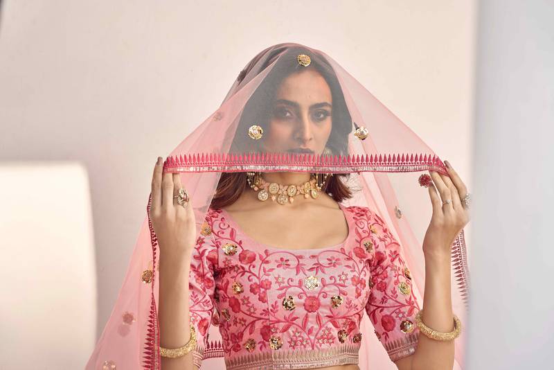 Pink Thread With Sequins Embroidered Art Silk Semi Stitched Wedding Lehenga For Bridal