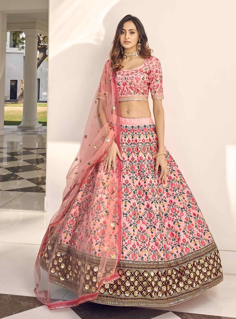 Pink Thread With Sequins Embroidered Art Silk Semi Stitched Wedding Lehenga For Bridal