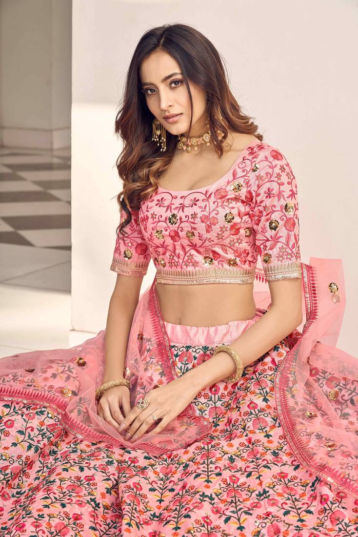 Pink Thread With Sequins Embroidered Art Silk Semi Stitched Wedding Lehenga For Bridal