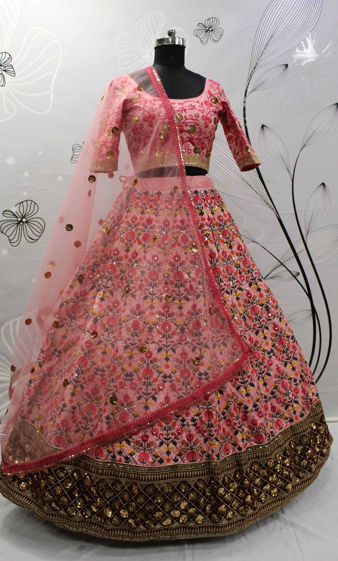 Pink Thread With Sequins Embroidered Art Silk Semi Stitched Wedding Lehenga For Bridal
