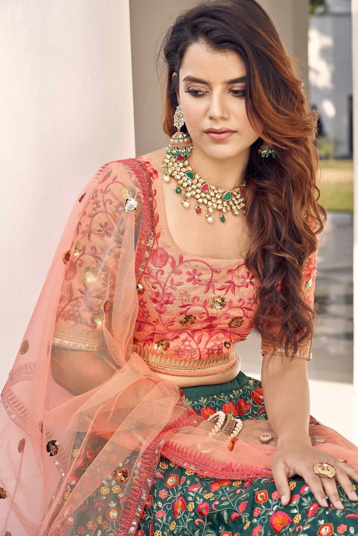 Green Art Silk Thread Work Lehenga Choli