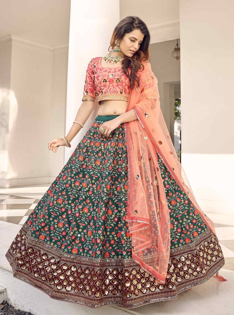 Green Art Silk Thread Work Lehenga Choli