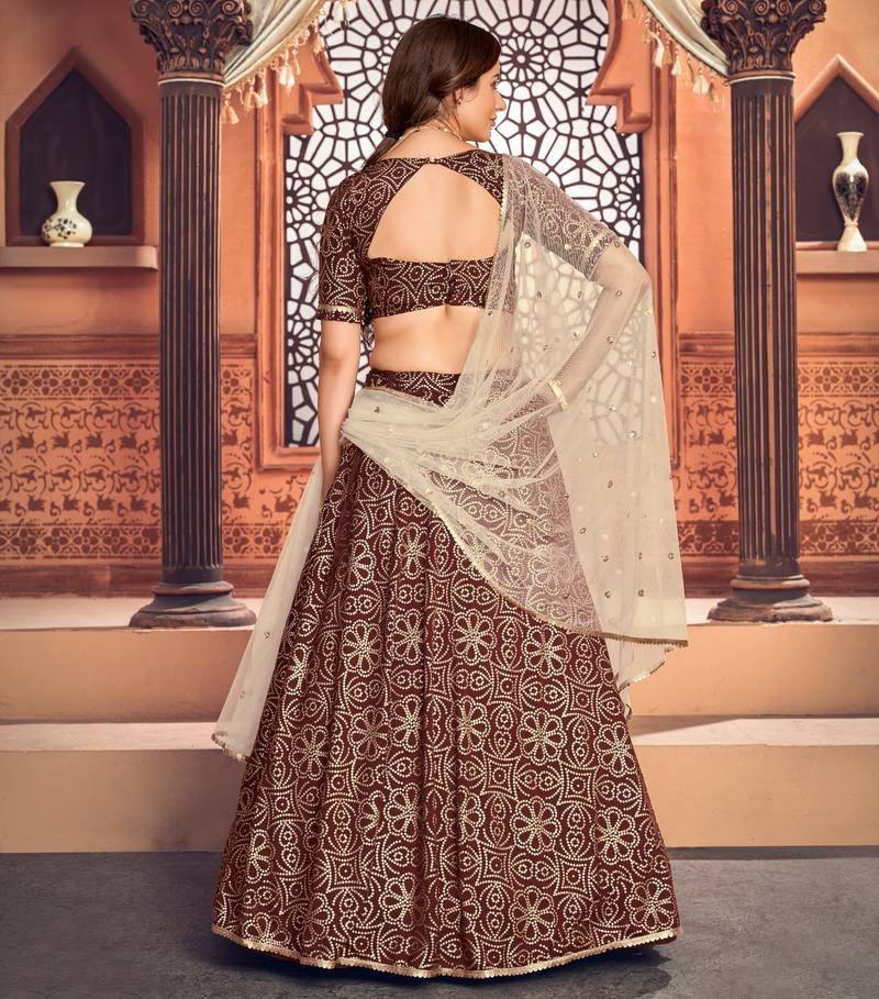 Deep Maroon Metallic Foil Printed Taffeta Silk Semi Stitched Lehenga
