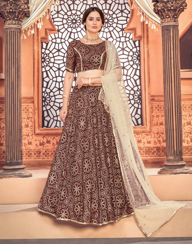 Deep Maroon Metallic Foil Printed Taffeta Silk Semi Stitched Lehenga