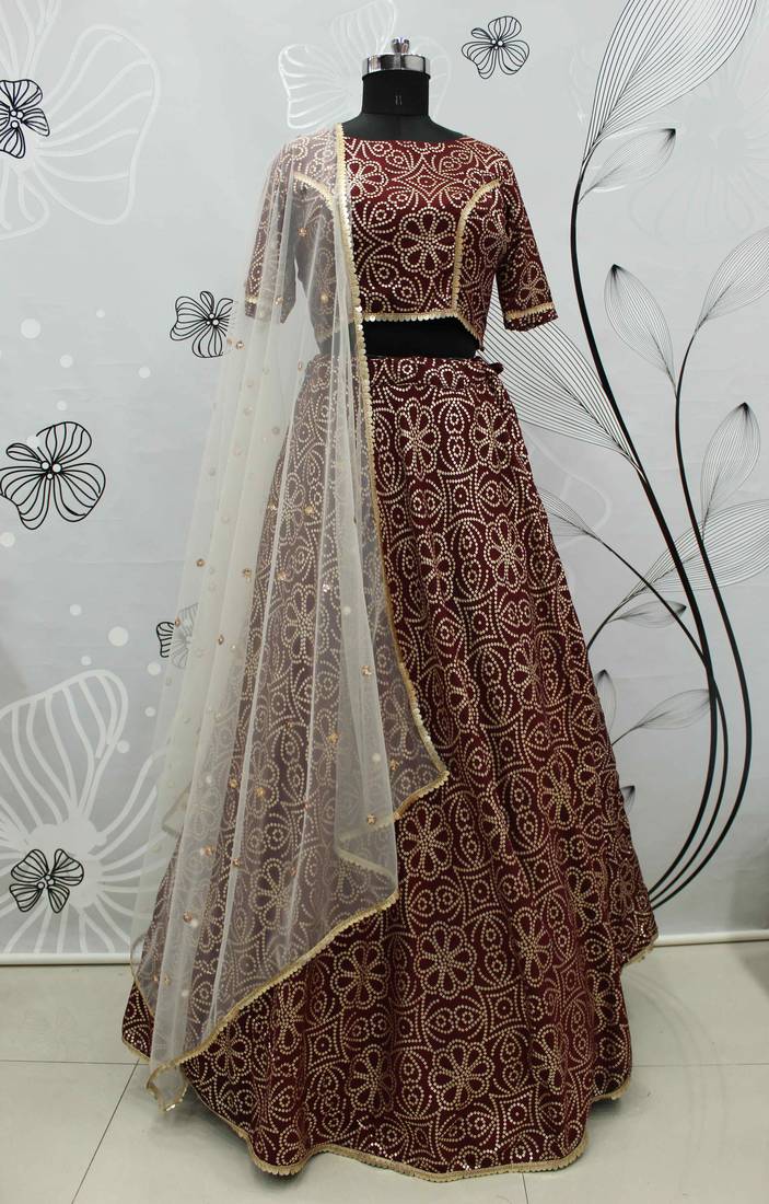 Deep Maroon Metallic Foil Printed Taffeta Silk Semi Stitched Lehenga