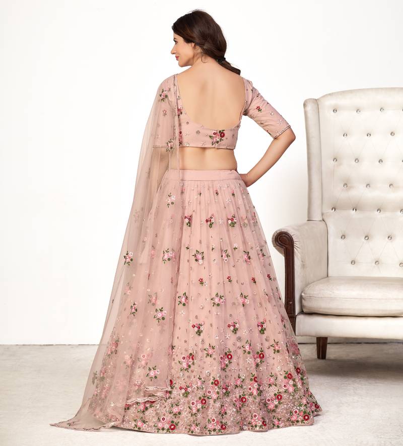 Enchanting Light Pink Embroidered Net Wedding Ghagra Choli With Dupatta