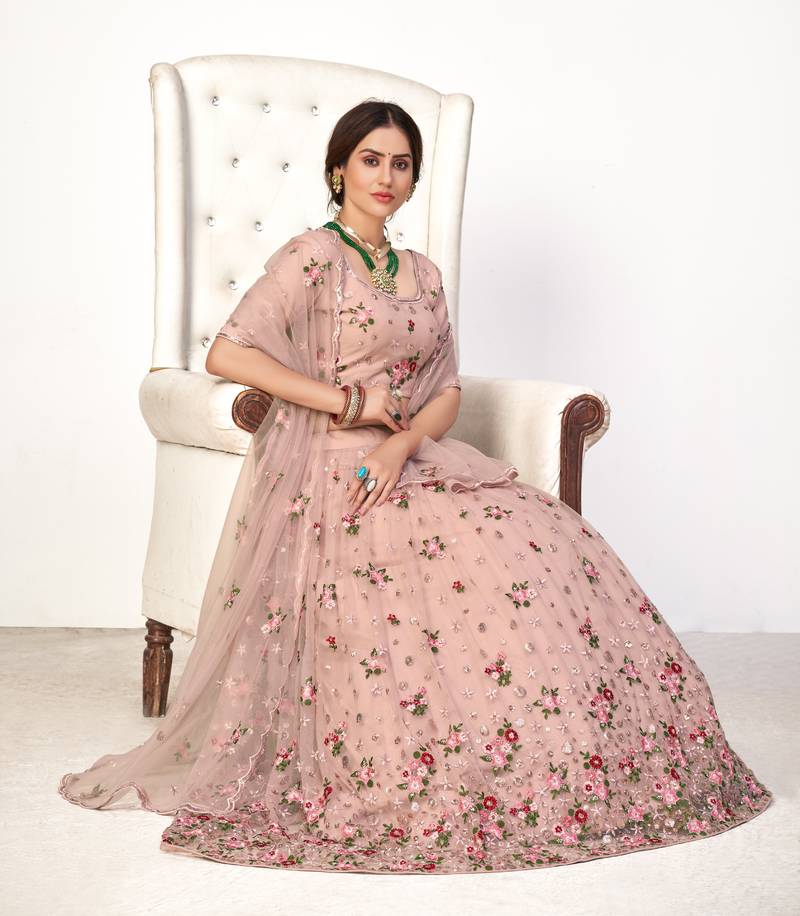 Enchanting Light Pink Embroidered Net Wedding Ghagra Choli With Dupatta