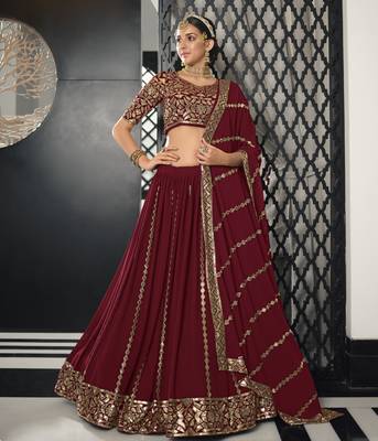 Maroon Thread With Sequance Embroidered Work Georgette Semi Stitched Lehenga 1