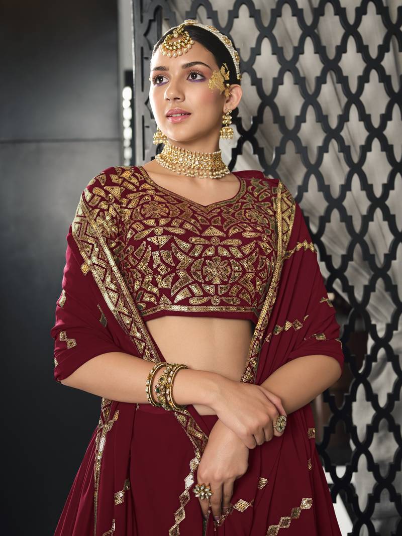 Maroon Thread With Sequance Embroidered Work Georgette Semi Stitched Lehenga
