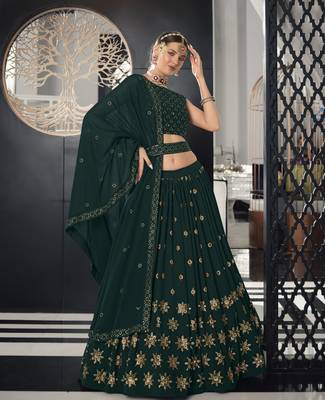 Green Thread With Sequance Embroidered Work Georgette Semi Stitched Lehenga 1