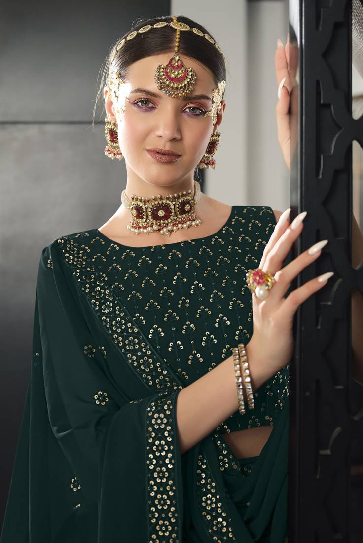 Green Thread With Sequance Embroidered Work Georgette Semi Stitched Lehenga