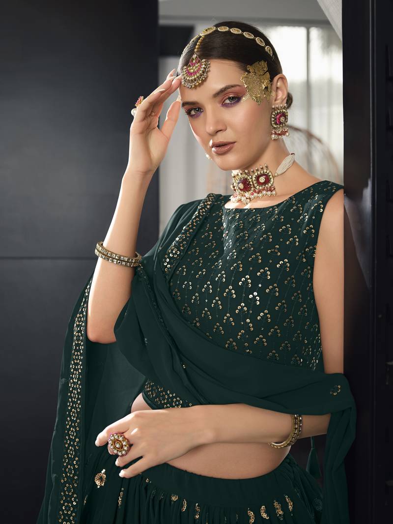 Green Thread With Sequance Embroidered Work Georgette Semi Stitched Lehenga