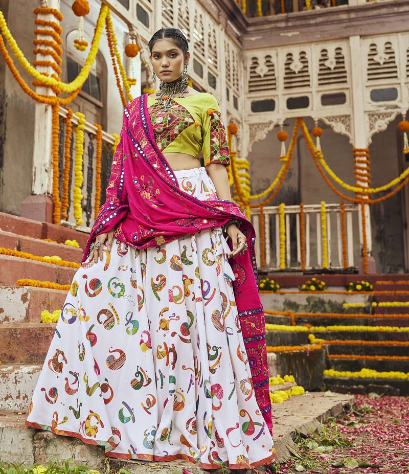 White Maslin Cotton Traditional Navratri Dandiya Raas Garba Festival Semi Stitched Lehenga Choli