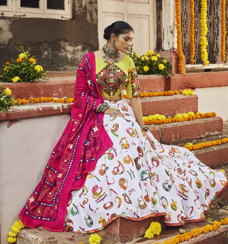 White Maslin Cotton Traditional Navratri Dandiya Raas Garba Festival Semi Stitched Lehenga Choli