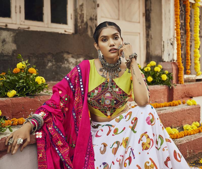 White Maslin Cotton Traditional Navratri Dandiya Raas Garba Festival Semi Stitched Lehenga Choli