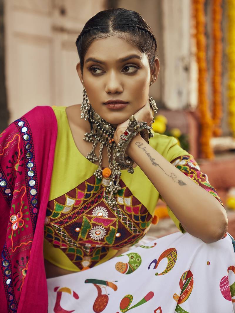 White Maslin Cotton Traditional Navratri Dandiya Raas Garba Festival Semi Stitched Lehenga Choli