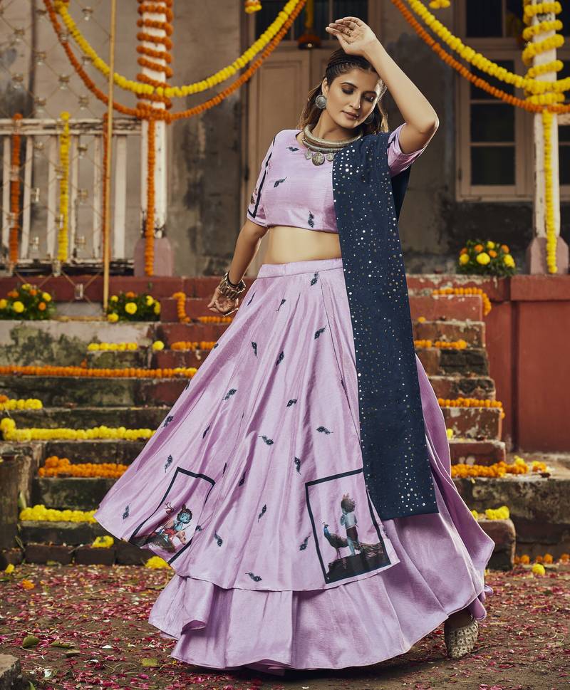 Violet Silk Traditional Navratri Dandiya Raas Garba Festival Semi Stitched Lehenga Choli