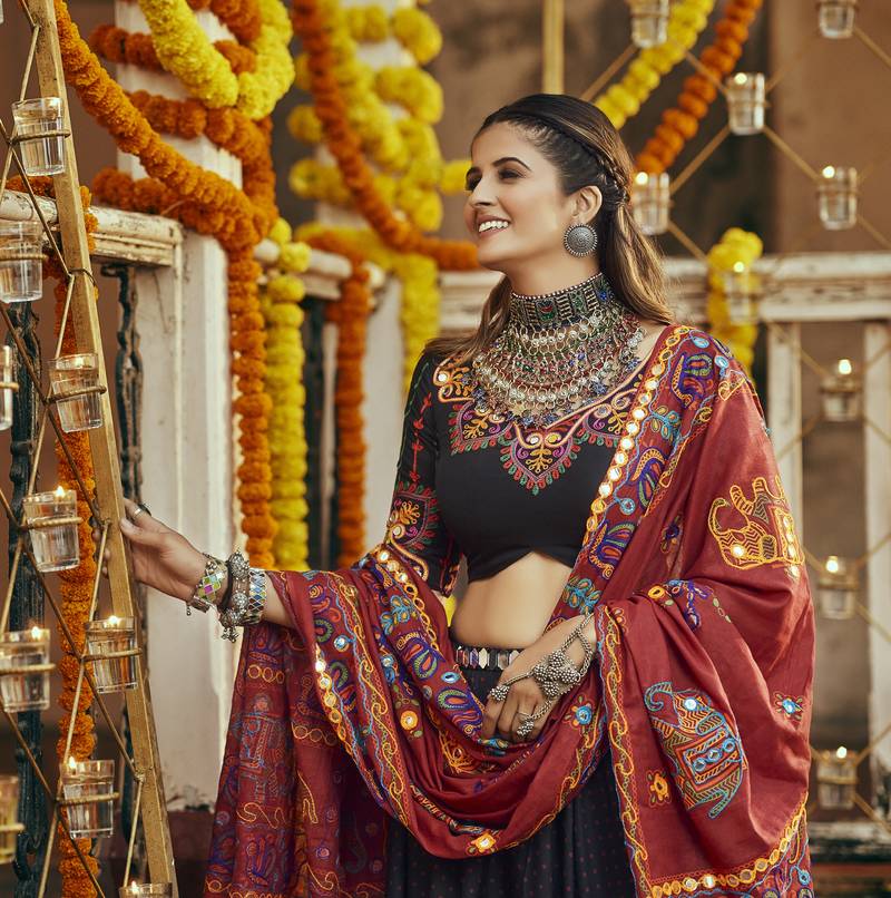 Black Cotton Silk Multicolor Thread Work Lehenga Choli