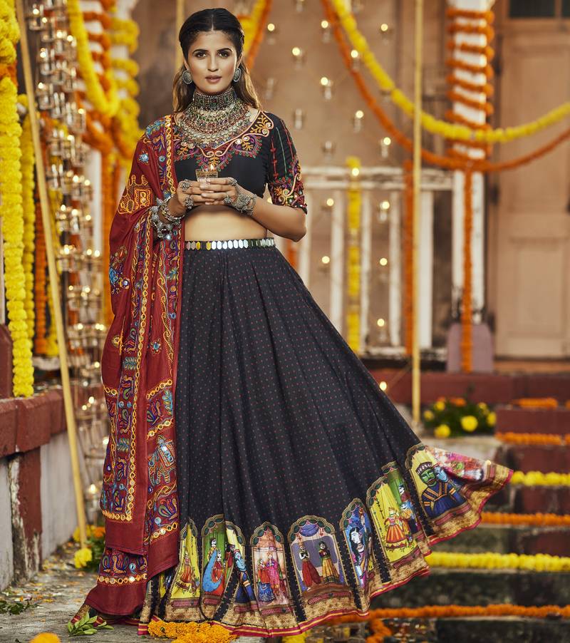 Black Cotton Silk Multicolor Thread Work Lehenga Choli