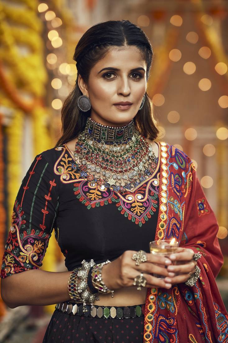 Black Cotton Silk Multicolor Thread Work Lehenga Choli
