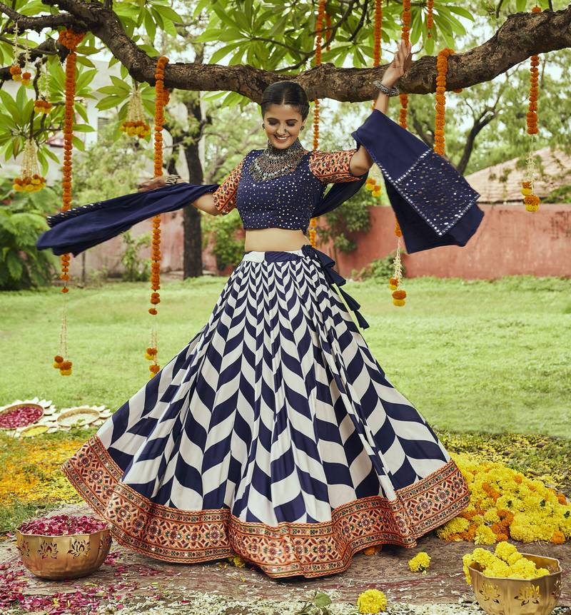 Navy Blue Maslin Cotton Traditional Navratri Dandiya Raas Garba Festival Semi Stitched Lehenga Choli