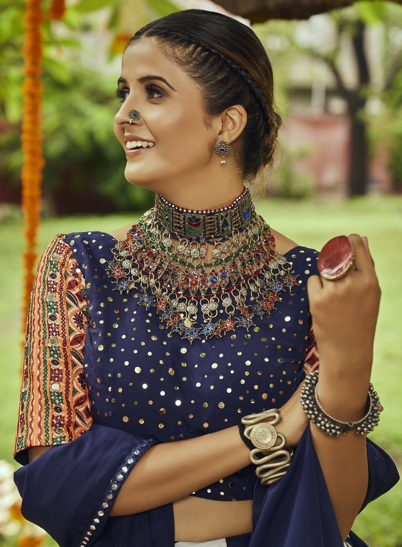 Navy Blue Maslin Cotton Traditional Navratri Dandiya Raas Garba Festival Semi Stitched Lehenga Choli