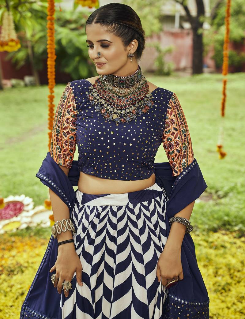 Navy Blue Maslin Cotton Traditional Navratri Dandiya Raas Garba Festival Semi Stitched Lehenga Choli
