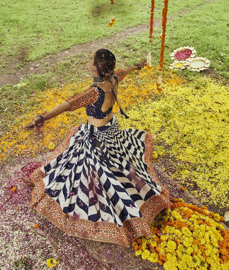 Navy Blue Maslin Cotton Traditional Navratri Dandiya Raas Garba Festival Semi Stitched Lehenga Choli