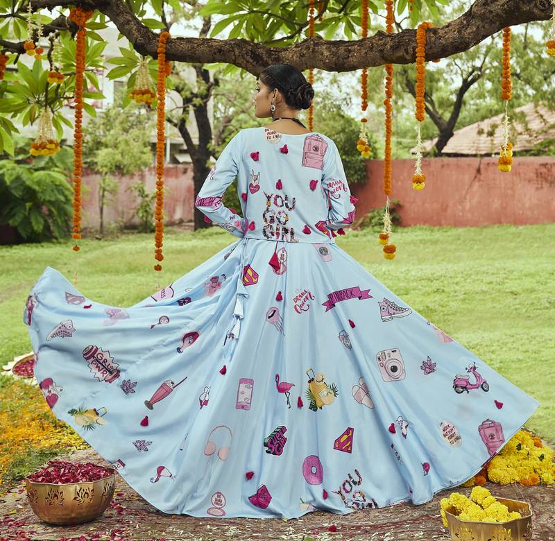 Sky Blue Maslin Cotton Traditional Navratri Dandiya Raas Garba Festival Semi Stitched Lehenga Choli